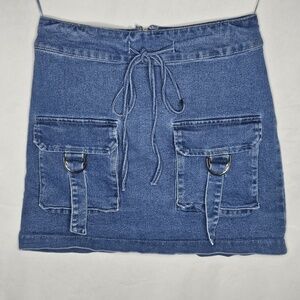 Women SJ Style Blue Jean Skirt Cargo Buckle Strap Pockets Drawstring Y2K 90s S